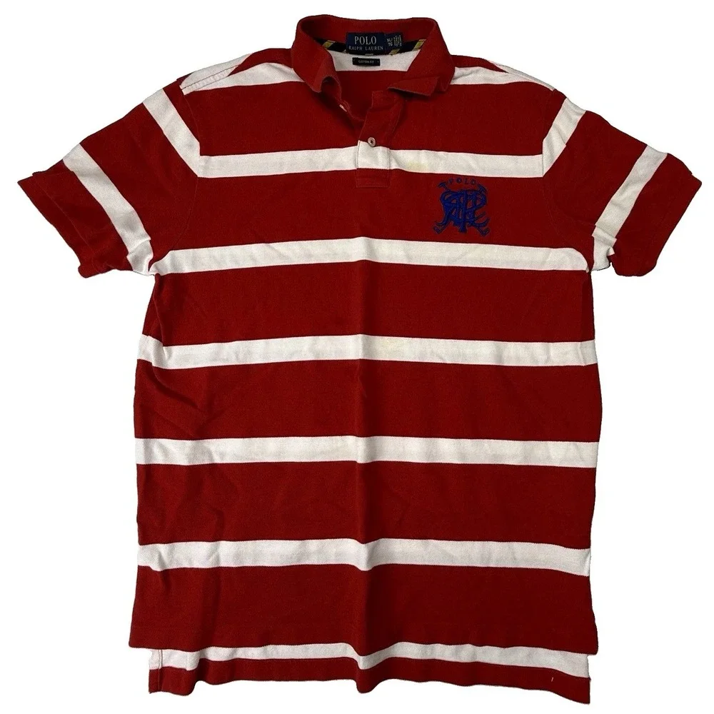 Polo Ralph Lauren Polo Shirt Men Red White Stripe Custom Fit Rugby Crest Logo XL